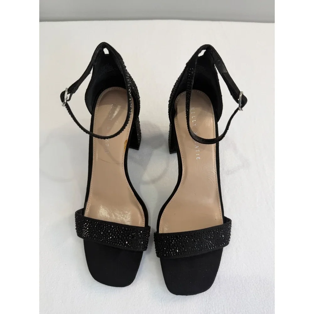 Kelly & Katie Block Heel Sandals SZ 10 Black Rhinestone Ankle Strap Formal Party
